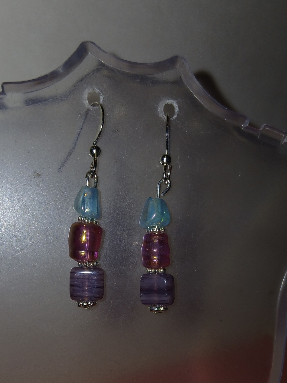 Hand Crafted Blue, Pink & Purple Glass Bead Dangle Earrings